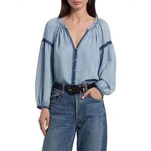 NEW RAILS toshi denim peasant top in medium cloud wash
